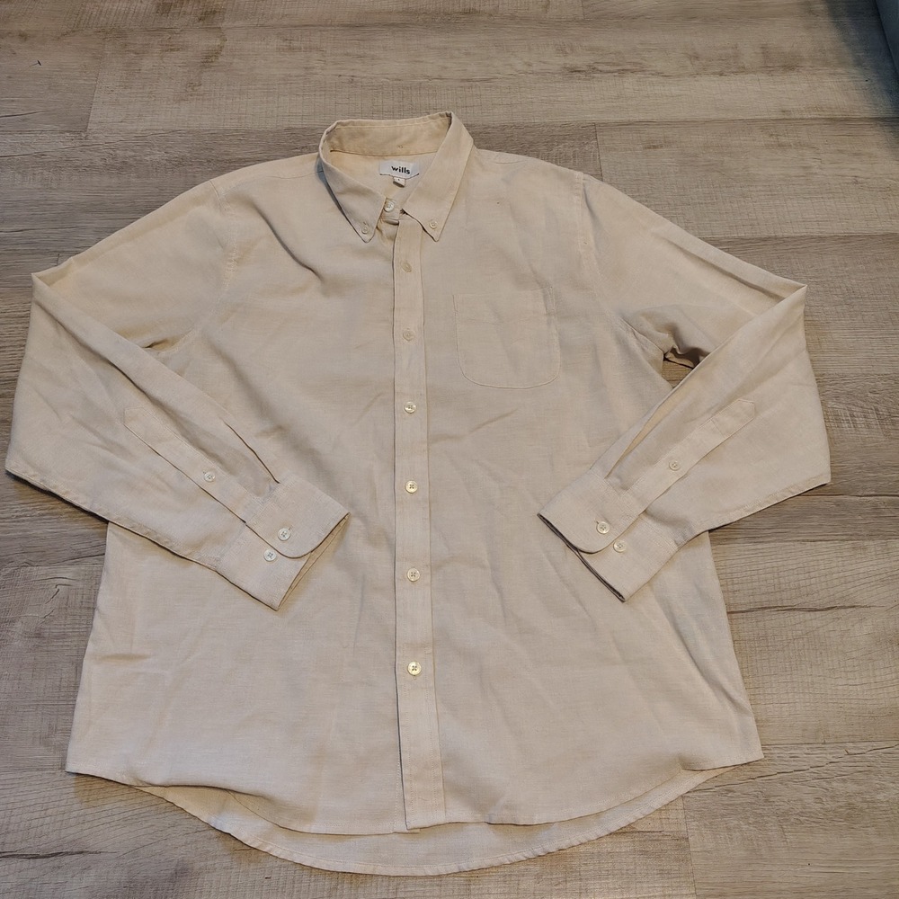 Huckberry Wills Mens Linen Blend Button Down Shirt Sand Beige Long Sleeve L